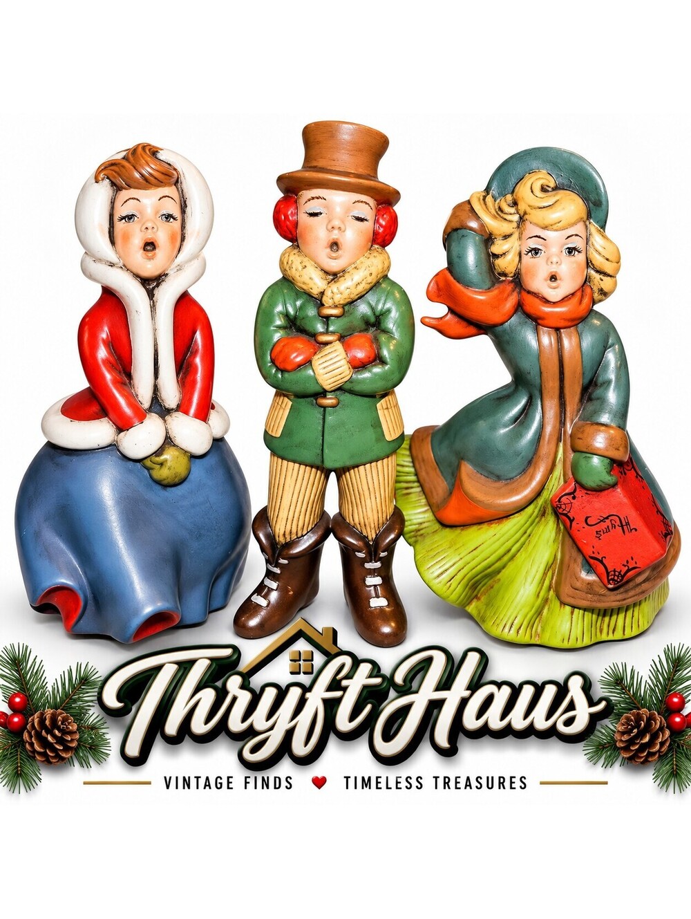Vintage Christmas Caroler Figurines Set of 3 Hand Painted Holiday Decor BH Mark